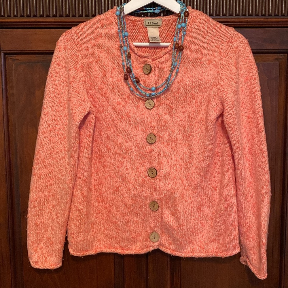 LL Bean 100% cotton  Coral Button-Up Cardigan wooden buttons slubby cotton knit